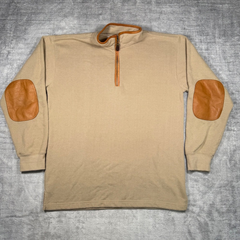 Orvis Sweatshirt Mens Medium Tan Quarter Zip Pullover Leather Elbow Patches
